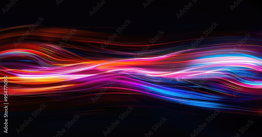 Poster A vibrant display of colorful light waves flowing across a dark background, creating a dynamic and energetic visual effect.