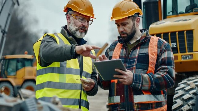 An engineering manager showing a foreman project updates on a tablet, both in safety vests and helmets, amidst construction equipment