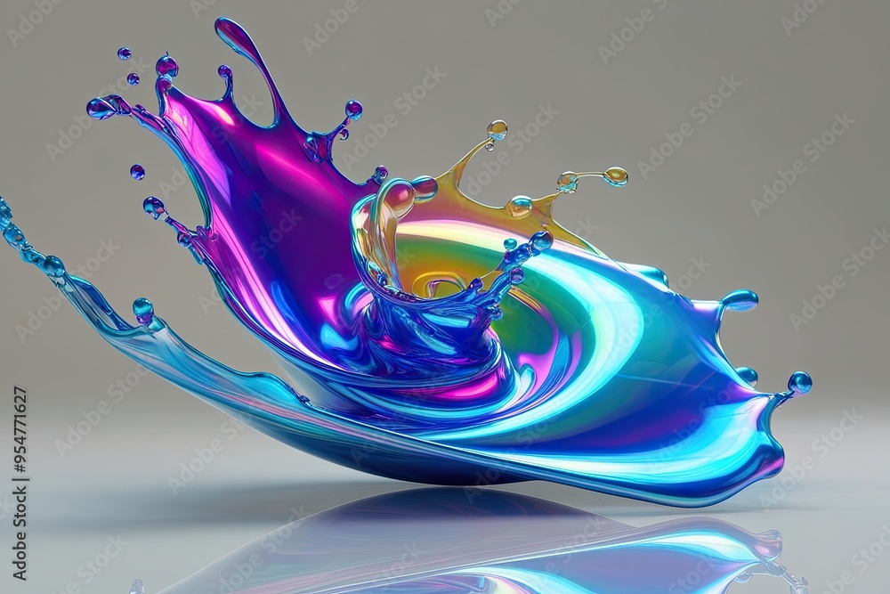 Poster iridescent swirling liquid 3d visualization with abstract fluid splashes on transparent background