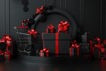 Black friday sale Promotion, Realistic Gift Boxes with Red Ribbon , shopping cart black, Dark background Podium .poster, banners, flyers, card, with generative ai
