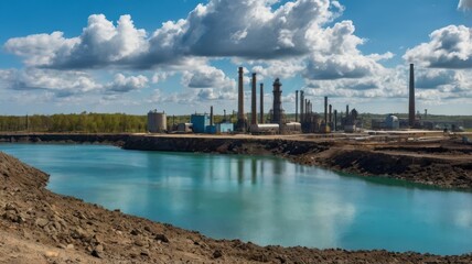 Naklejka premium Refinery by Turquoise Water with Cloudy Sky