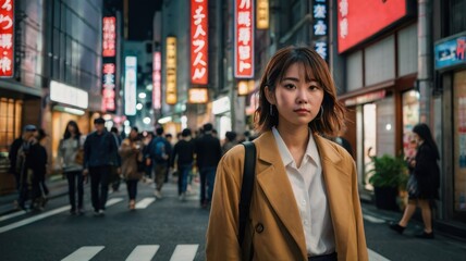 Fototapeta premium Woman Walking in Busy City Street at Night
