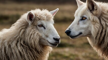 Obraz premium Sheep and wolf closeup staring at each other 