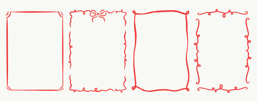 Quirky trendy Frame, Hand Drawn red Borders for Wedding Invitation, Whimsical frames for birthday card, Squiggly and Wavy Borders. Minimalist line art