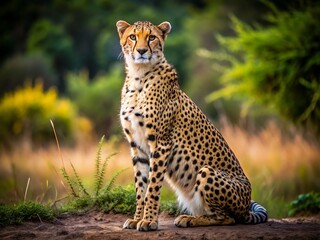 Obraz premium Silky fur glistens in soft sunlight as a regal cheetah settles into a languid pose, its eyes fixed on the vast expanse of open savannah stretching out before it.