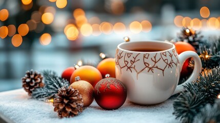 Warm cup of coffee among Christmas decorations, pinecones, and festive ornaments, capturing a cozy holiday atmosphere.