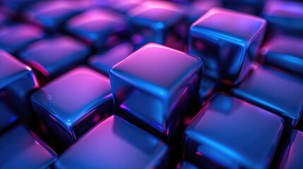 Obraz premium Close-up shot of blue-purple cubes filling the frame against a dark background. The cubes have smooth edges and appear to be floating or melting together. Generative AI.