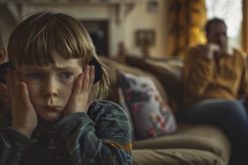 Fototapeta premium A concerned child covers their ears in a cozy living room. The soft light sets a calm yet tense mood. Examining emotions and family dynamics. Generative AI