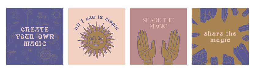 Set of 4 Mystical quotes and spiritual illustrations. Magic social media post template