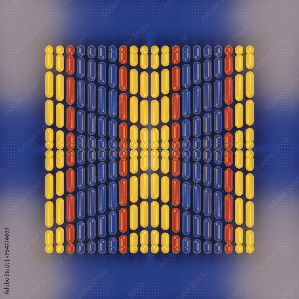 Poster Square-shaped composition consisting of a group of multicolored capsules. 3d rendering digital illustration