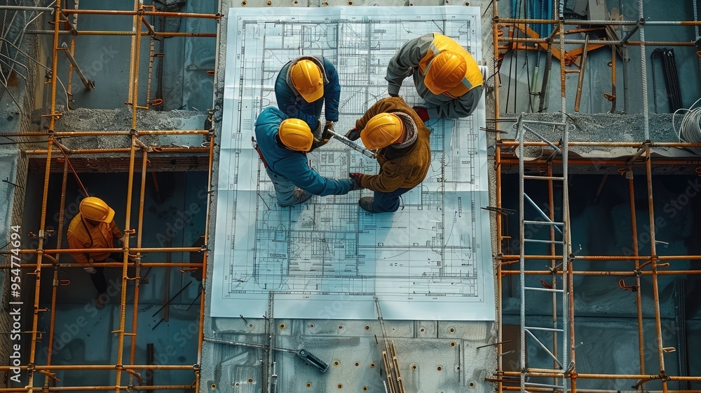 Poster construction workers collaborating on a blueprint, top view. generative ai.