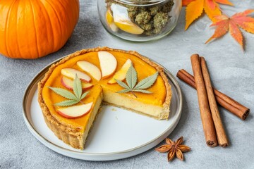 Pumpkin pie made with cannabis, autumn, Halloween and Thanksgiving food infused with CBD