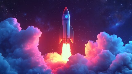 Obraz premium Rocket launching into a vibrant night sky, surrounded by colorful clouds and cosmic sparkles, capturing the excitement of space exploration