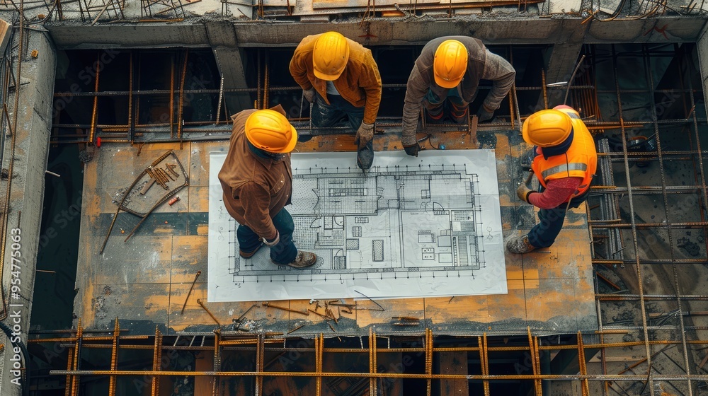 Poster construction workers collaborating on a blueprint, top view. generative ai.