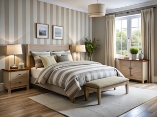 a photo image of a modern bedroom with a simplistic bedframe and a classic striped bedding set in neutral tones