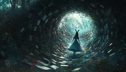 Visualize Alice from Wonderland being led by a white rabbit into a rabbit hole, with books scattered along the trail as breadcrumbs