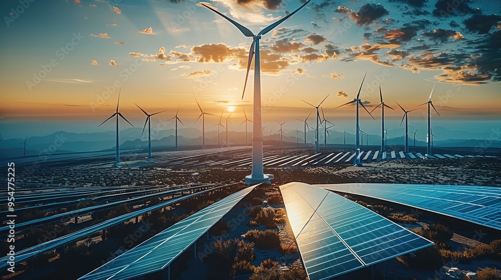 Poster wind turbines and solar panels with earth in the background, highlighting the integration of renewab