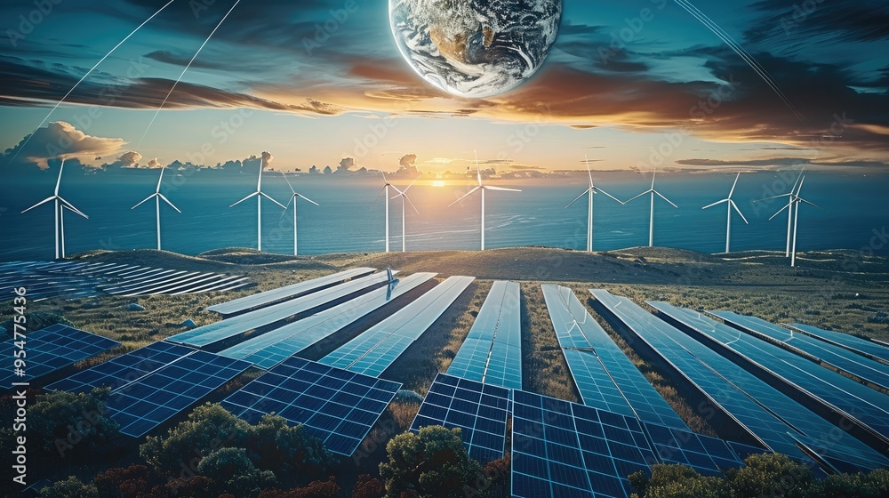 Aufkleber Wind turbines and solar panels with Earth in the background, highlighting the integration of renewable energy sources for a sustainable future. Generative AI.