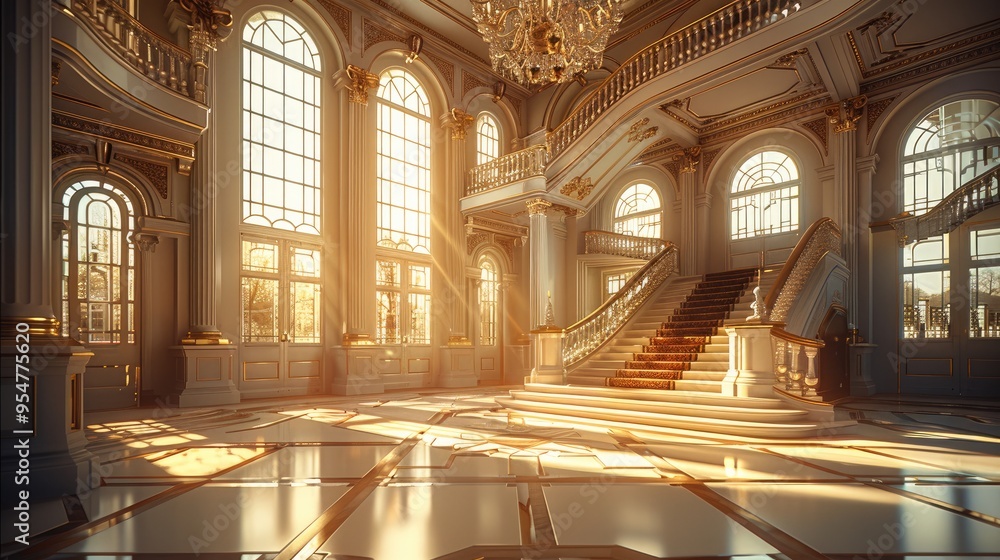 Wall mural Retro style palace, with large windows, warm light, large chandeliers and stairs. Generative AI.