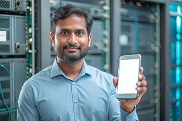 Indian Network Administrator with Smartphone and Blank Display in Server Room
