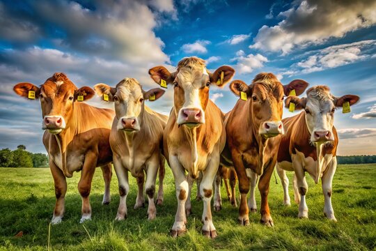 A serene snapshot captures a herd of contented cows grazing together in a lush green field, their moos harmonizing with the rustling of leaves.