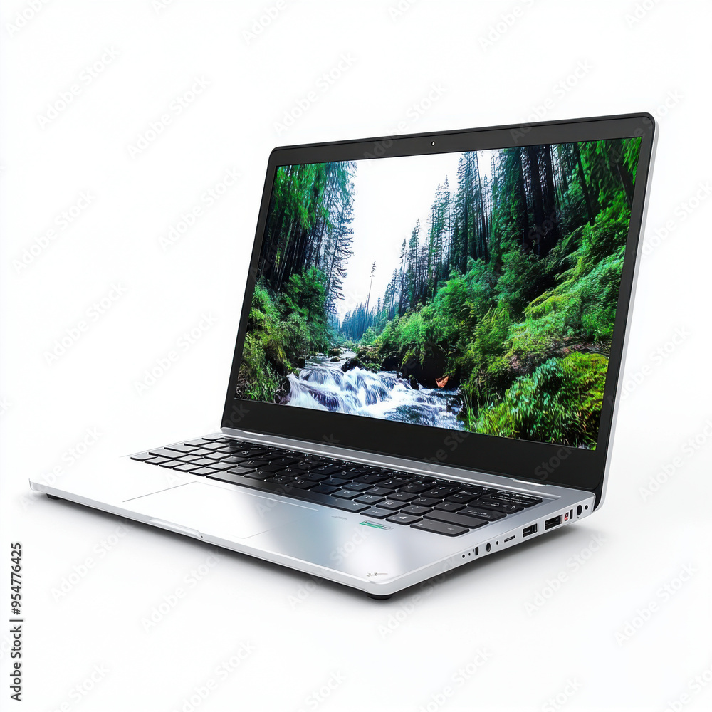 Poster sleek silver laptop displaying a nature scene with a river and forest on the screen, representing te