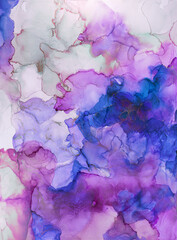 Abstract watercolor artwork featuring vibrant purple and blue hues with soft blending and intricate...