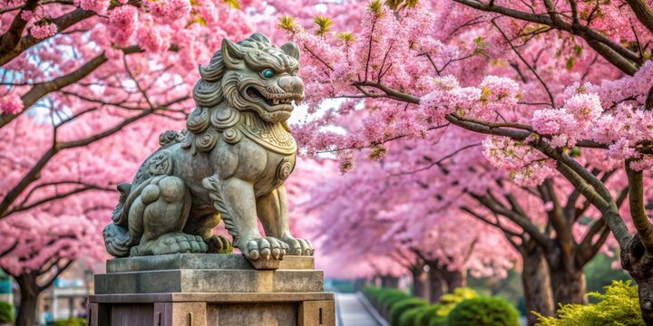 "A photo image of a foo fu dog statue sitting on a pedestal surrounded by cherry blossoms."