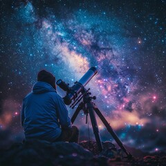 Fototapeta premium Majestic night sky view, twinkling stars and galaxies visible, an amateur astronomer gazing through a powerful telescope