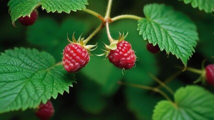 a bunch of raspberries are growing on a bush.