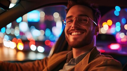 Smiling Man In Car at Night