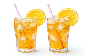 Two Refreshing Glasses of Iced Tea with Lemon Slices and Striped Straws, Isolated on White.