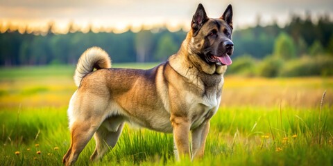 The Alano dog, with its robust physique and short, dense coat, stands tall in the verdant field, its features accentuated by the lush green surroundings.