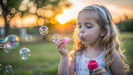 five years old caucasian child girl blowing soap