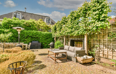 Cozy backyard garden with living area and lush greenery