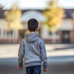 Fototapeta premium A young boy wearing a backpack is walking towards the entrance of his school