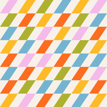 Abstract seamless pattern of multicolored vertical short stripes in a row diagonally on a light background, distorted chessboard, flat style