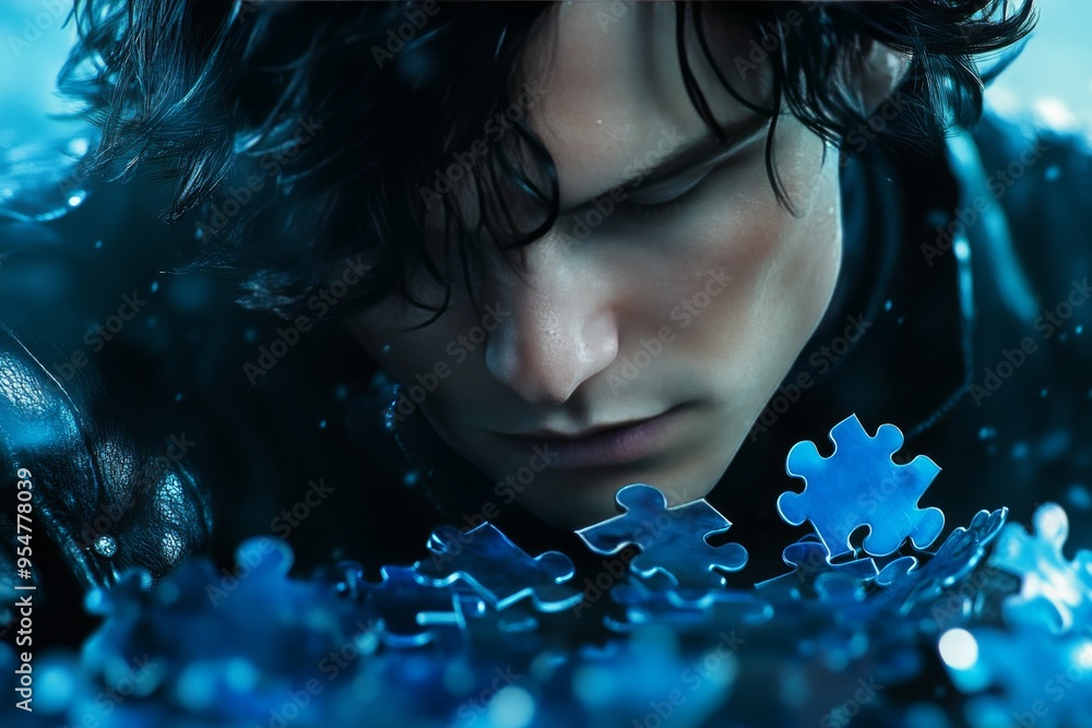 Poster neurotransmitter system cognitive neuroscience intense portrait of young man surrounded by puzzle pi