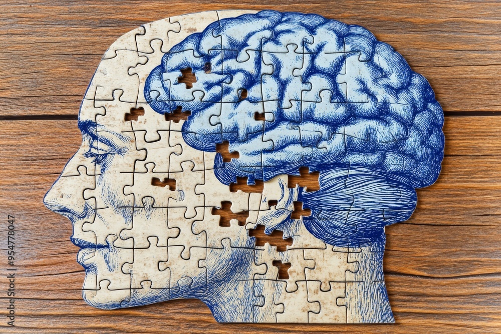 Aufkleber psychological resilience cognitive neuroscience profile of woman’s head in puzzle form with missing 