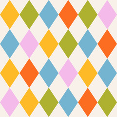 Seamless abstract geometric pattern of multicolored rhombuses in a row on a light background, harlequin motifs, flat style