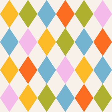 Seamless abstract geometric pattern of multicolored rhombuses in a row on a light background, harlequin motifs, flat style