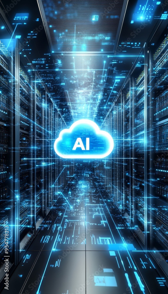 Poster ai cloud computing. data center, server room, futuristic cyberspace network for technology