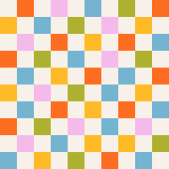 Seamless abstract colorful checkered multi-colored pattern on a light background, chess pattern, flat style