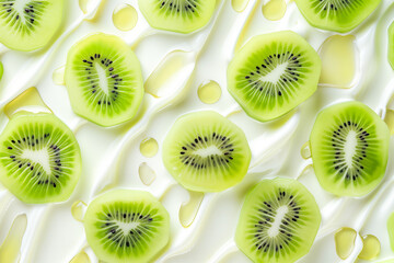 Fototapeta premium Yogurt with kiwi slices, top view, fruit background,