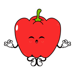 Bell pepper doing yoga character. Vector hand drawn traditional cartoon vintage, retro, kawaii character illustration icon. Isolated on white background. Bell pepper character