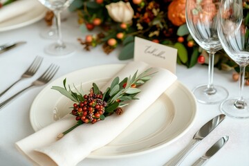 Thanksgiving table setting, featuring fall-themed plates, silverware, a centerpiece of autumn flowers, and a neatly folded napkin with a handwritten place card. The focus is on the details that create