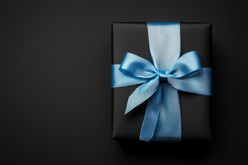 Black gift box with blue ribbon on dark background, black friday sale concept, top view with generative ai