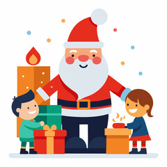 Santa Claus joyfully giving presents to excited vector illustration 