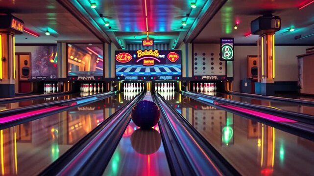 A retro bowling alley with neon signs and vintage lanes