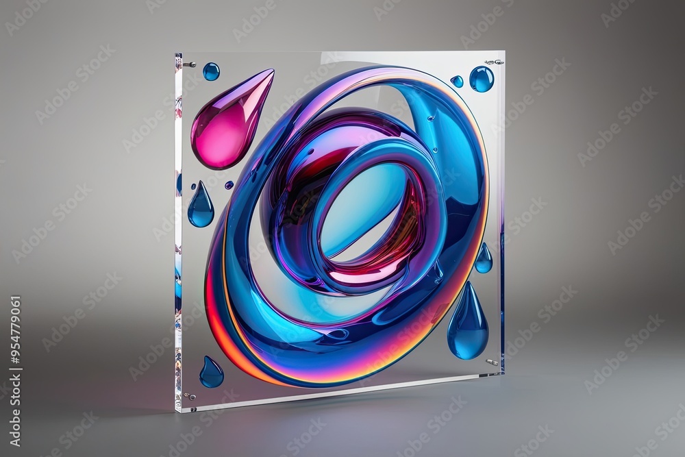 Poster vibrant three dimensional abstract art with fluid curves and droplets on clear canvas